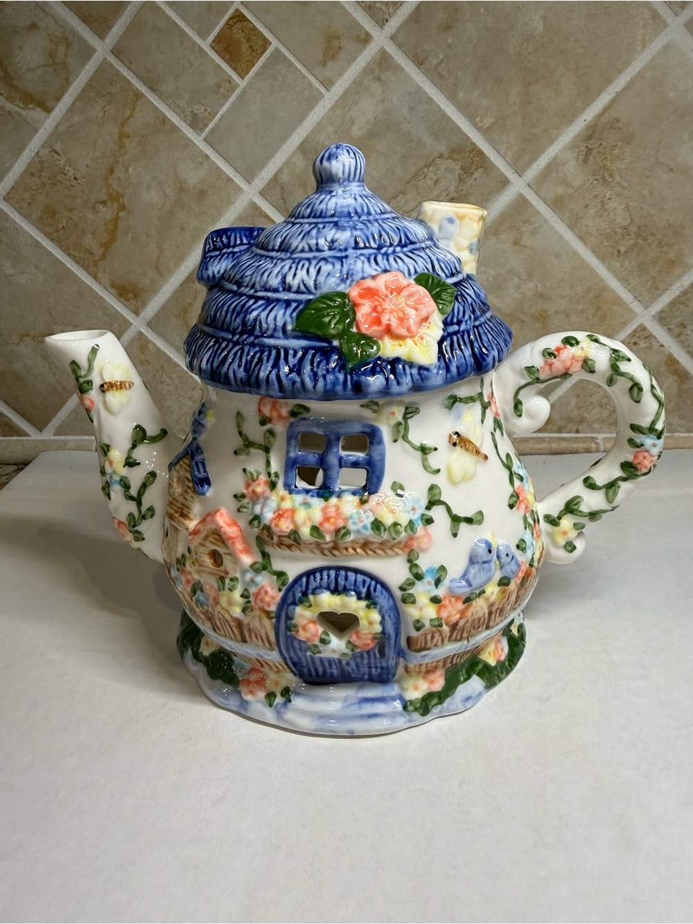 Floral Cottage Teapot Multicolor Teal Light Wax Burner Beautiful Perfect Condit